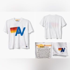 Aviator Nation White Tee with Blue and Rainbow Stripes